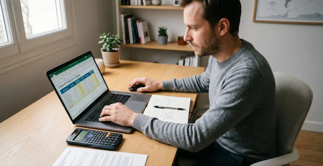 Homme calculant son budget automobile à domicile, ordinateur portable affichant tableau comparatif LOA et crédit auto en français, calculatrice et documents de contrat sur bureau moderne en bois clair