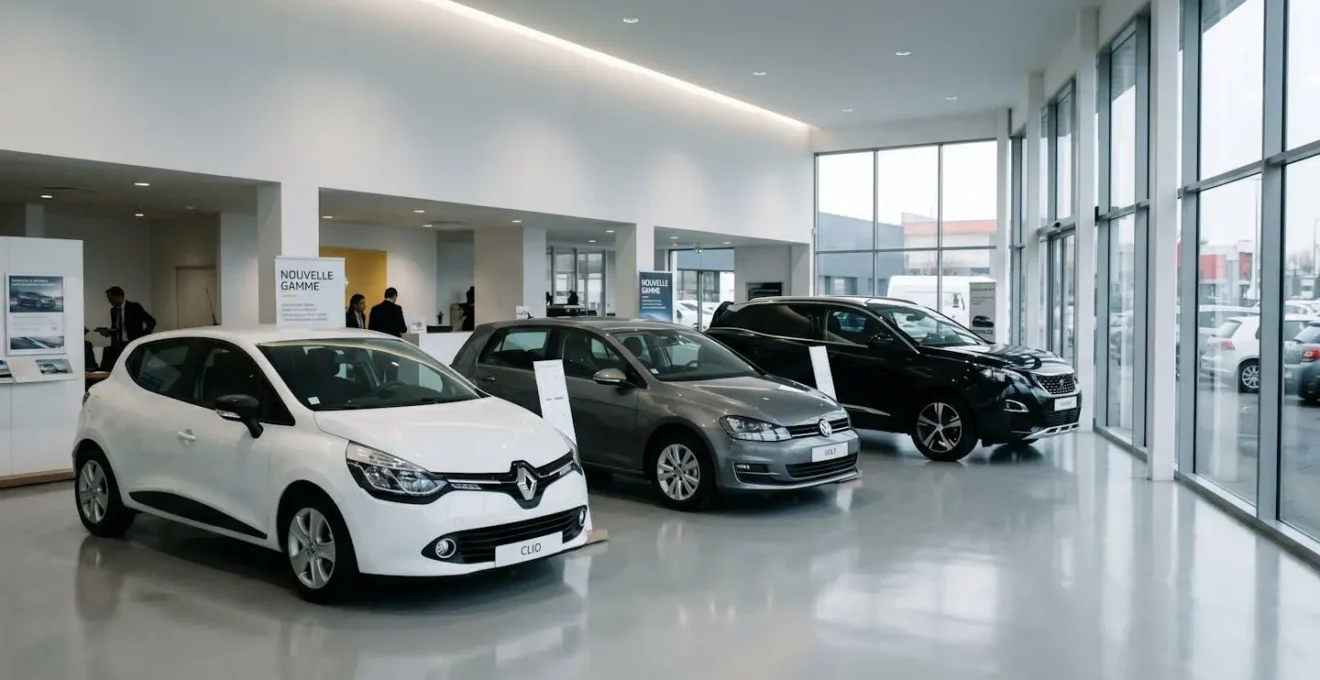 Showroom automobile français avec trois véhicules alignés : Renault Clio blanche, Volkswagen Golf grise et Peugeot 3008 noir, éclairage moderne LED et baie vitrée latérale